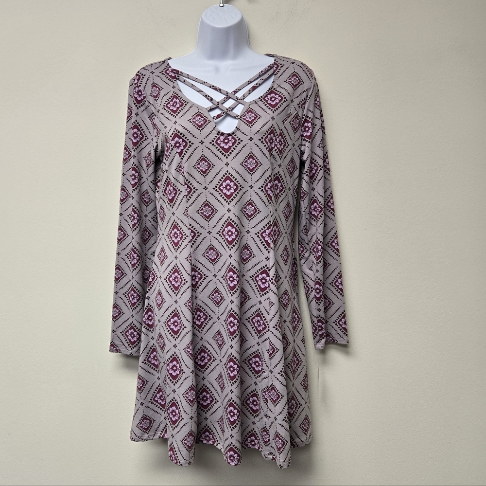 Mudd Strappy Crisscross Neck Sueded Jersey Fit Flare Long Sleeve Dress Purple L